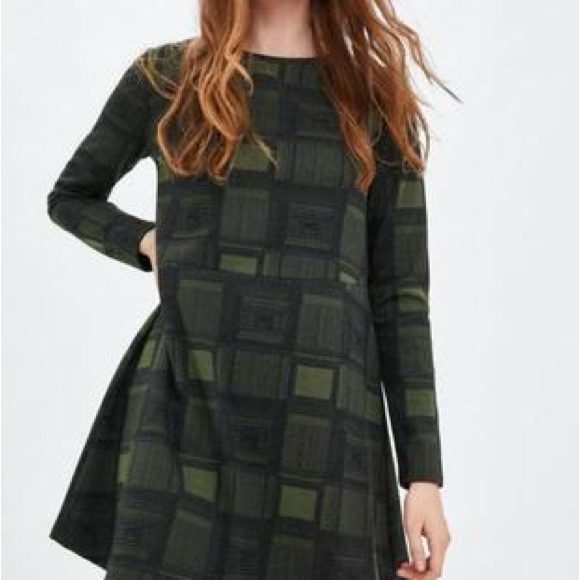 Zara Trafaluc Dark Green Checkered Long Sleeve Dress Size Medium - Picture 1 of 6